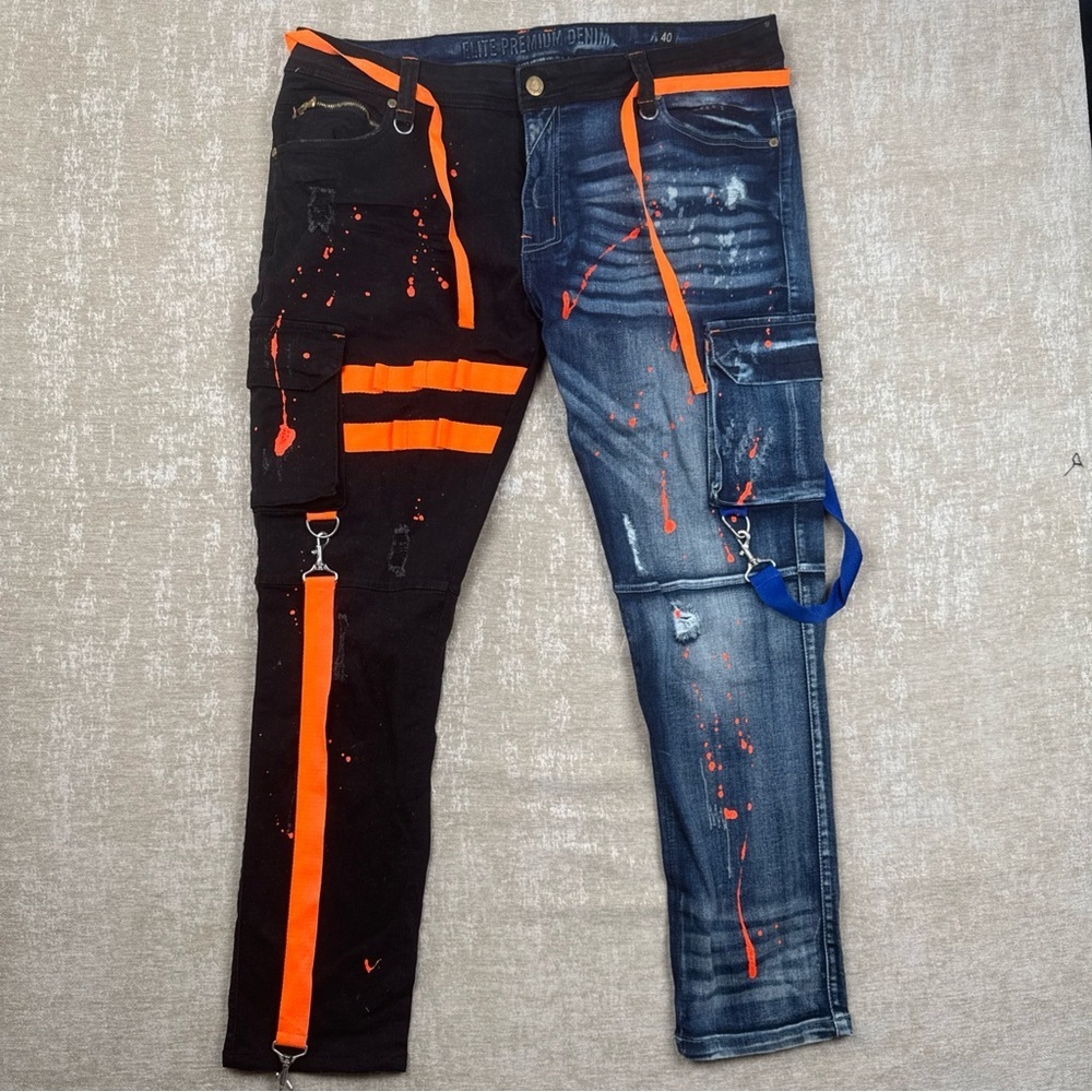 Elite Premium Denim Mens Jeans Light Wash Distressed Cargo Splatter Pant size 40